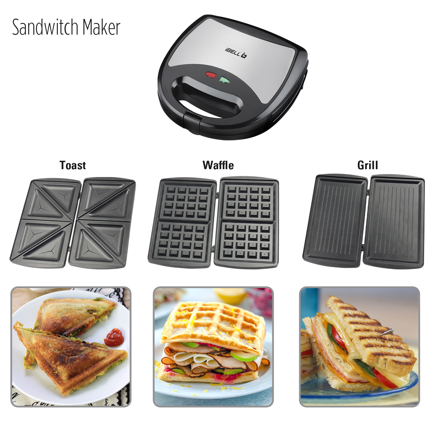 Ibell sm301 750 watt 3 in 1 sandwich maker toast waffle grill black