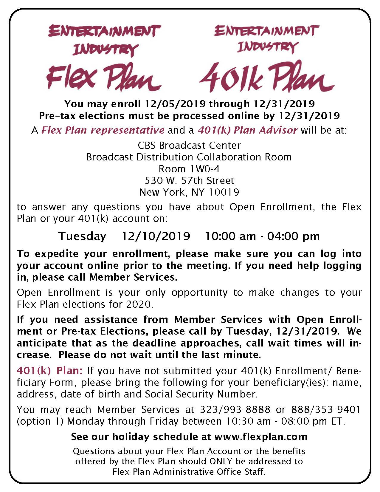 Entertainment Industry Flex Plan/401K enrollment information for 2020