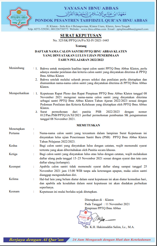 pptq schedule 2023 PENGUMUMAN HASIL PSB PPTQ IBNU ABBAS T.A. 2022/2023 PPTQ IBNU ABBAS