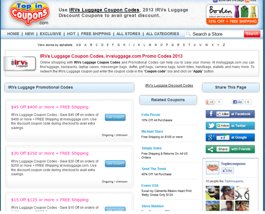 IRVs Luggage Coupon Code Promo Codes bagscoupon