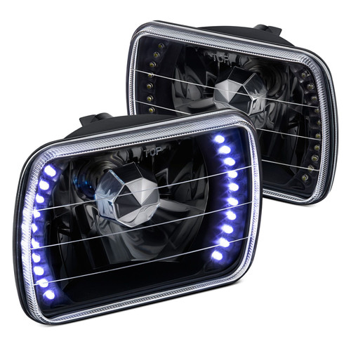 Lumen® 7x6" Rectangular Diamond Cut Black LED Halo Crystal Headlights