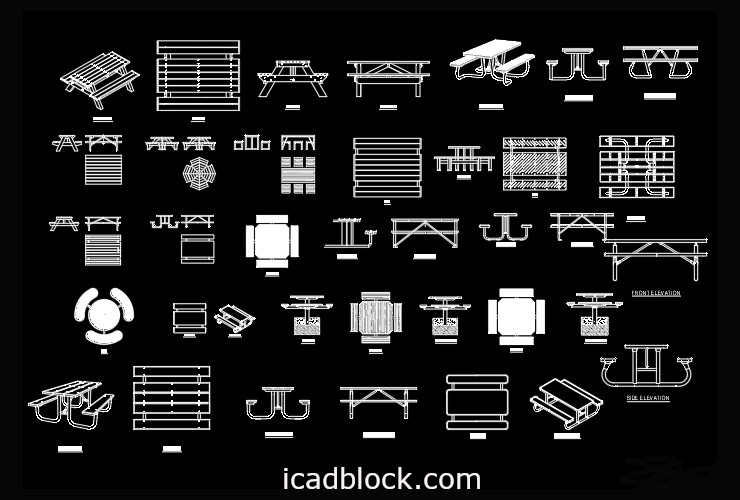 Mesa de picnic DWG en AutoCAD, colección iCADBLOCK