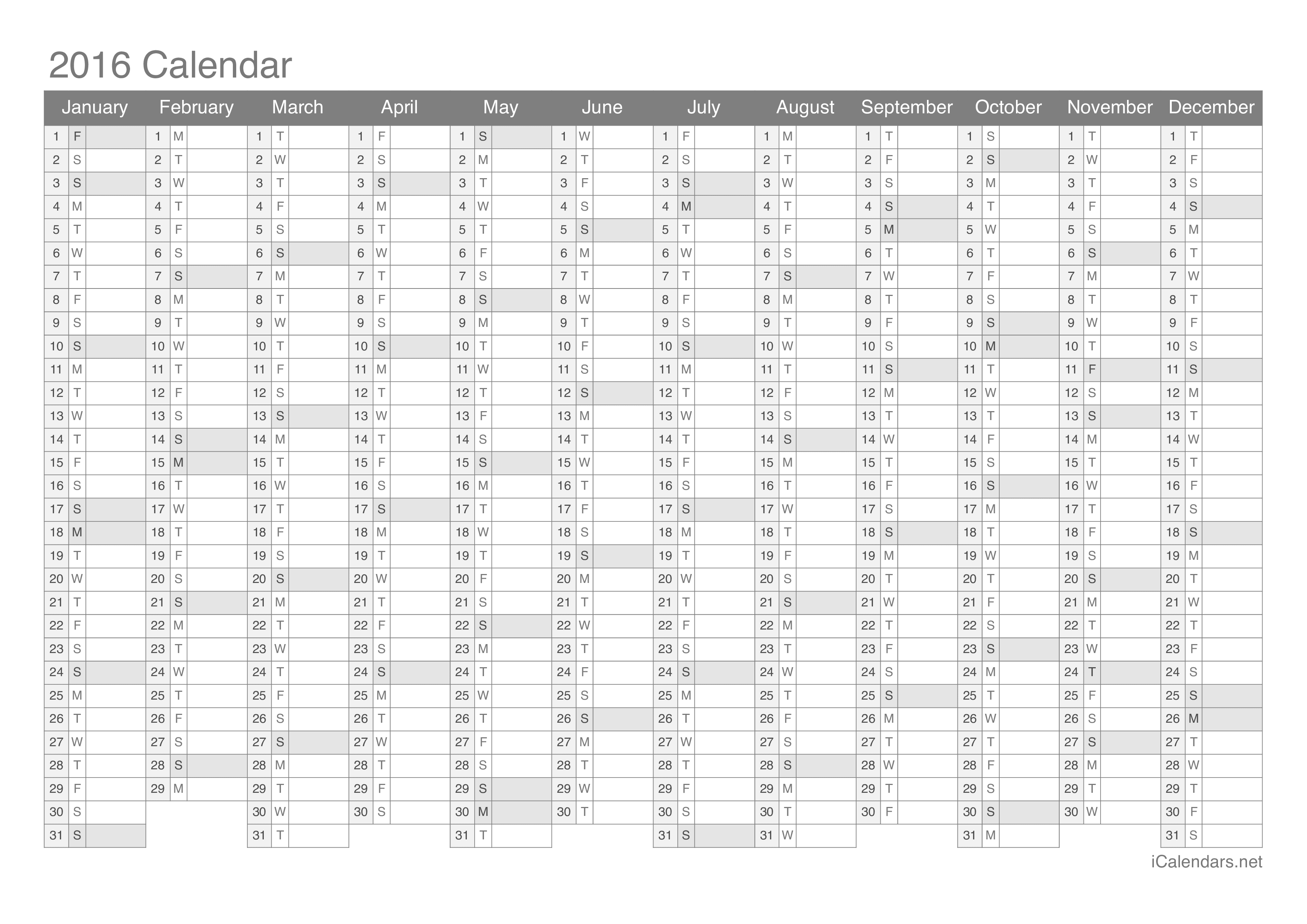 2016 Printable Calendar - PDF or Excel - icalendars.net