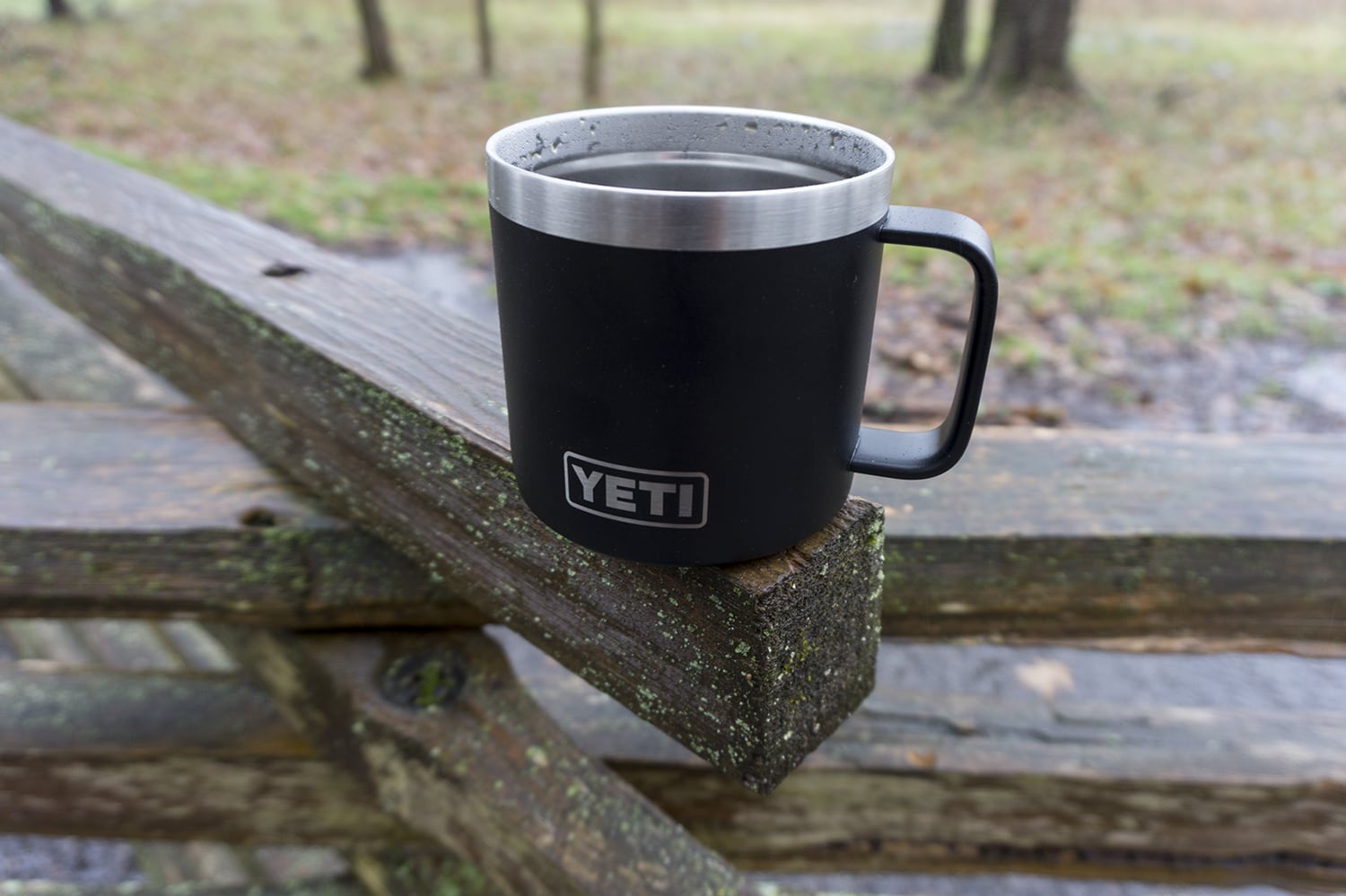 Outdoors gear Black coffee in Black Yeti mug Shadows and Light