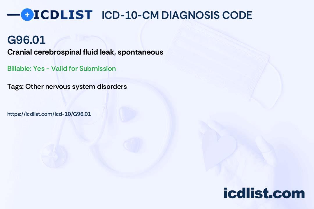 ICD-10-CM Diagnosis Code G96.01 - Cranial cerebrospinal fluid leak, spontaneous
