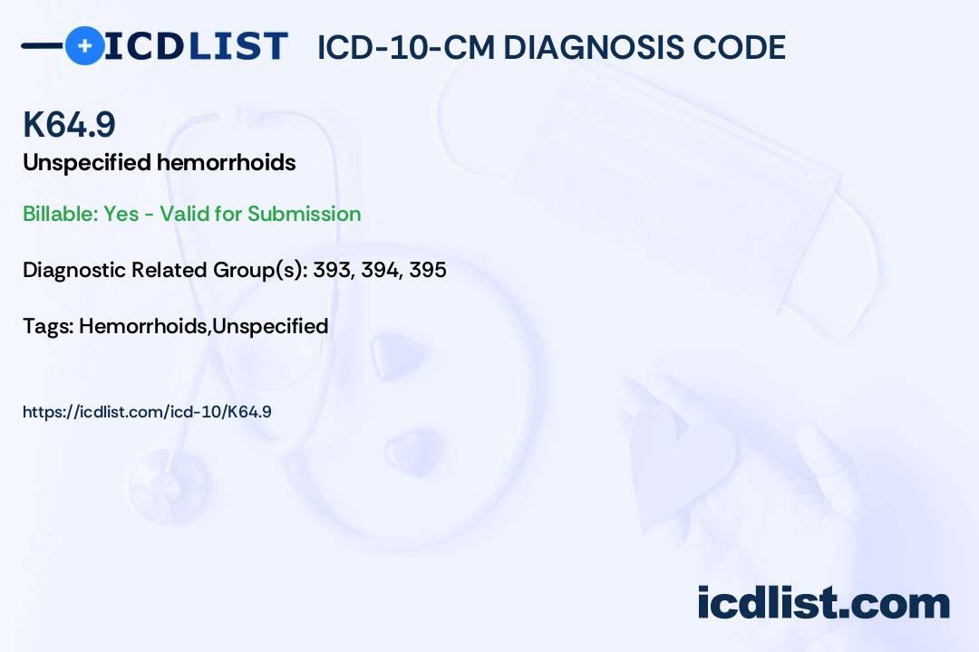 ICD10CM Diagnosis Code K64.9 Unspecified hemorrhoids