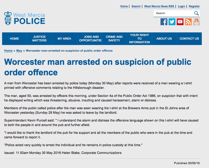 West Mercia Police arrest 50yearold man over offensive Hillsborough t