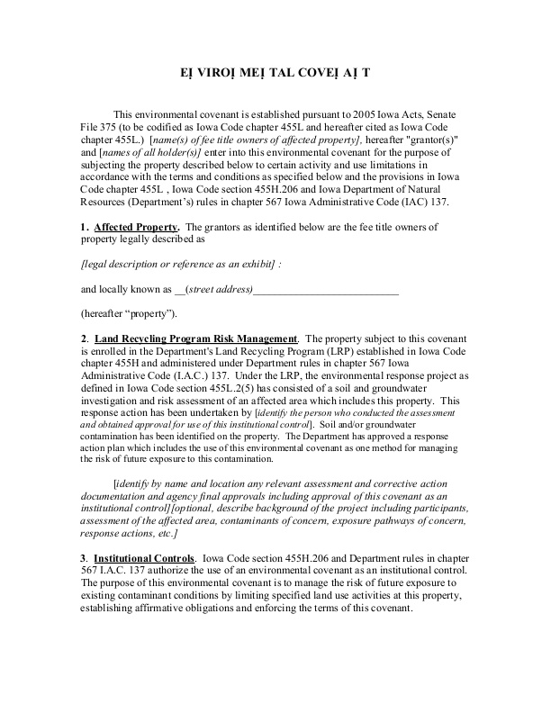 Iowa Interim UECA Model Covenant for Land Recycling Program Sites