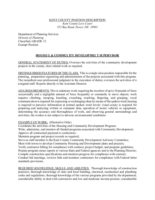 Housing and Community Development Supervisor Position Description