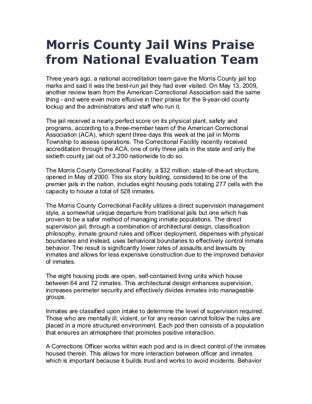 Morris County Jail Wins Praise from National Evaluation Team