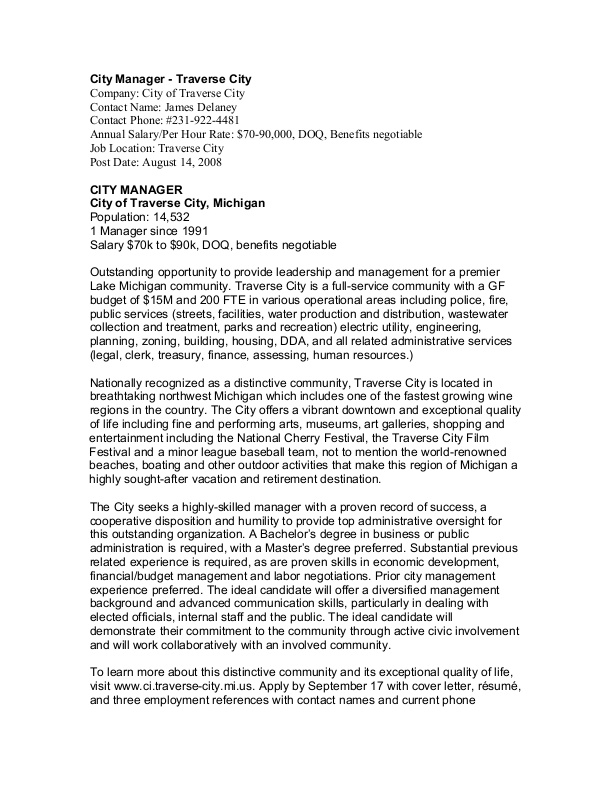 SAMPLE City Manager Job Announcement, City of Traverse City, MI