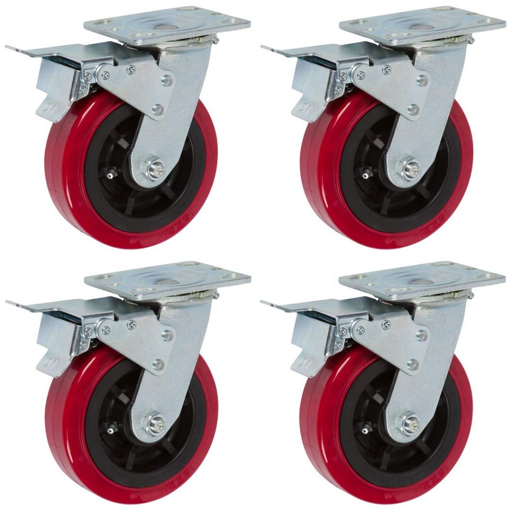 6" Red Industrial Casters, Swivel with Total Locking Casters and Non