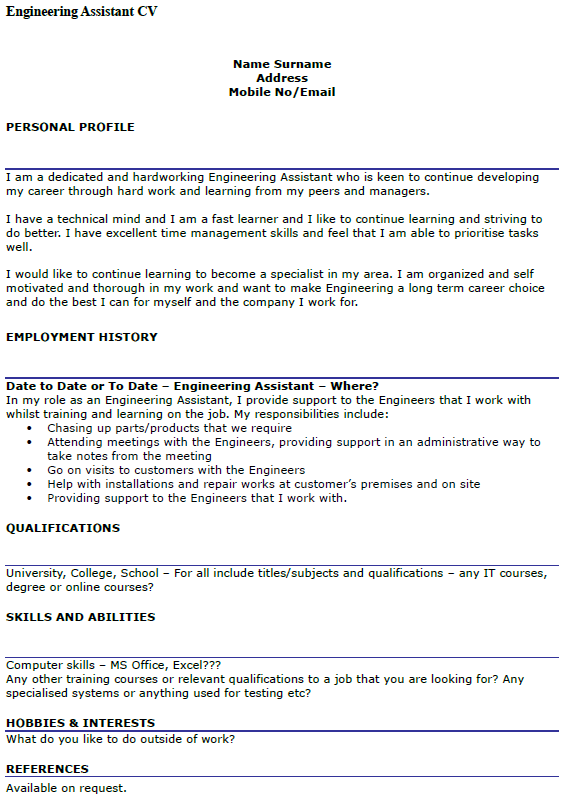 Engineering Assistant CV Example
