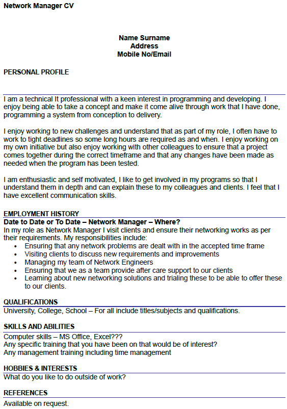 Network Manager CV Example
