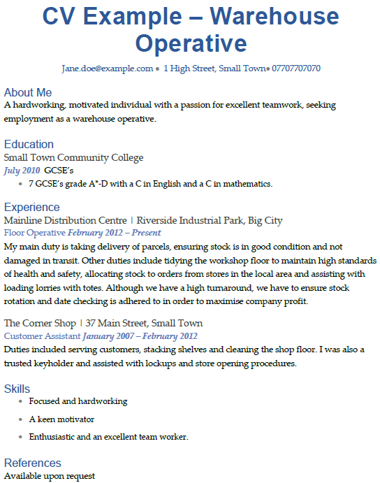 Warehouse Operative CV Example