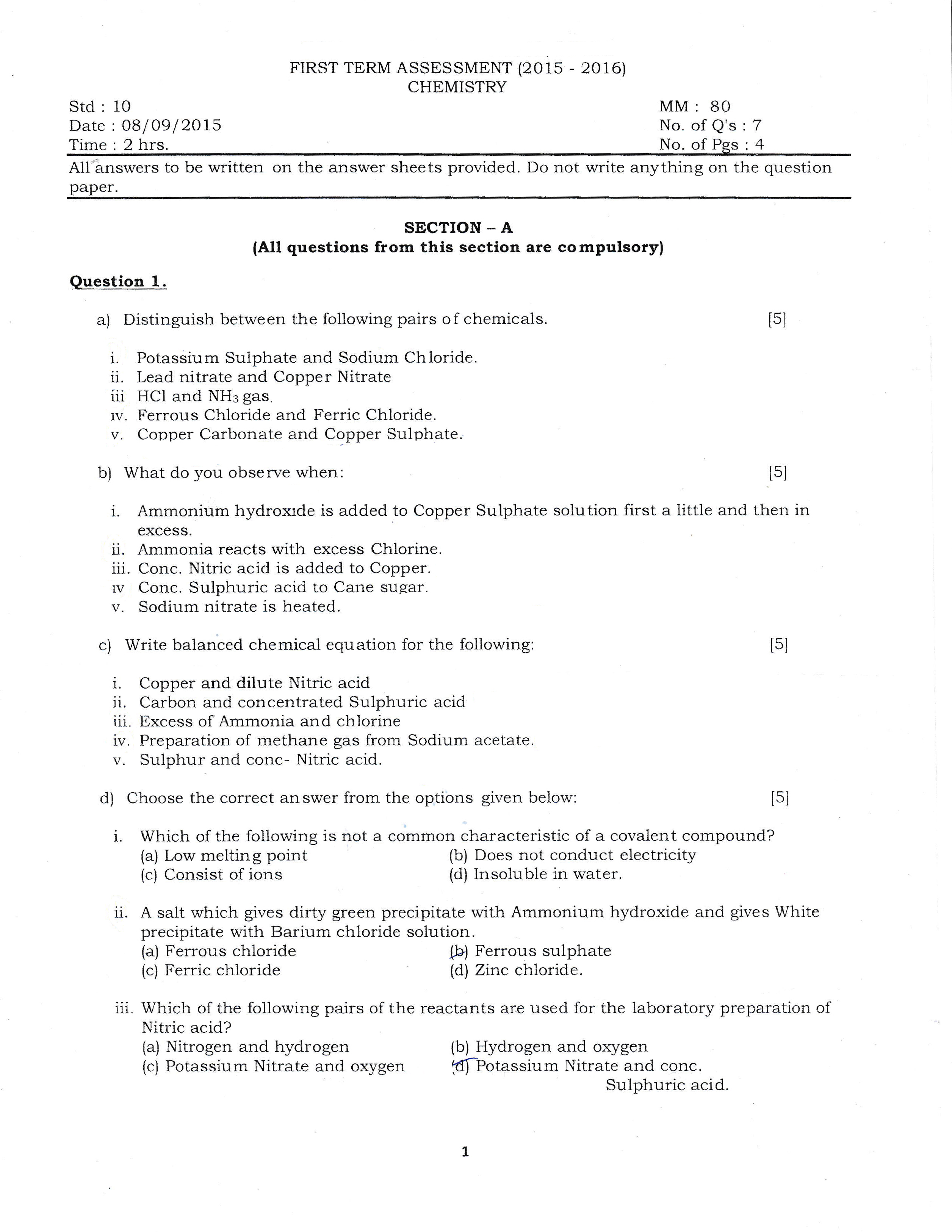 ICSE Class 10 Chemistry (Sample Test Paper 4) Board Examination