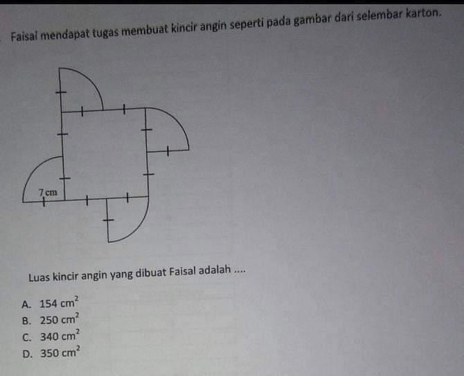 faisal mendapat tugas membuat kincir angin seperti gambar dari selembar karton (7cm