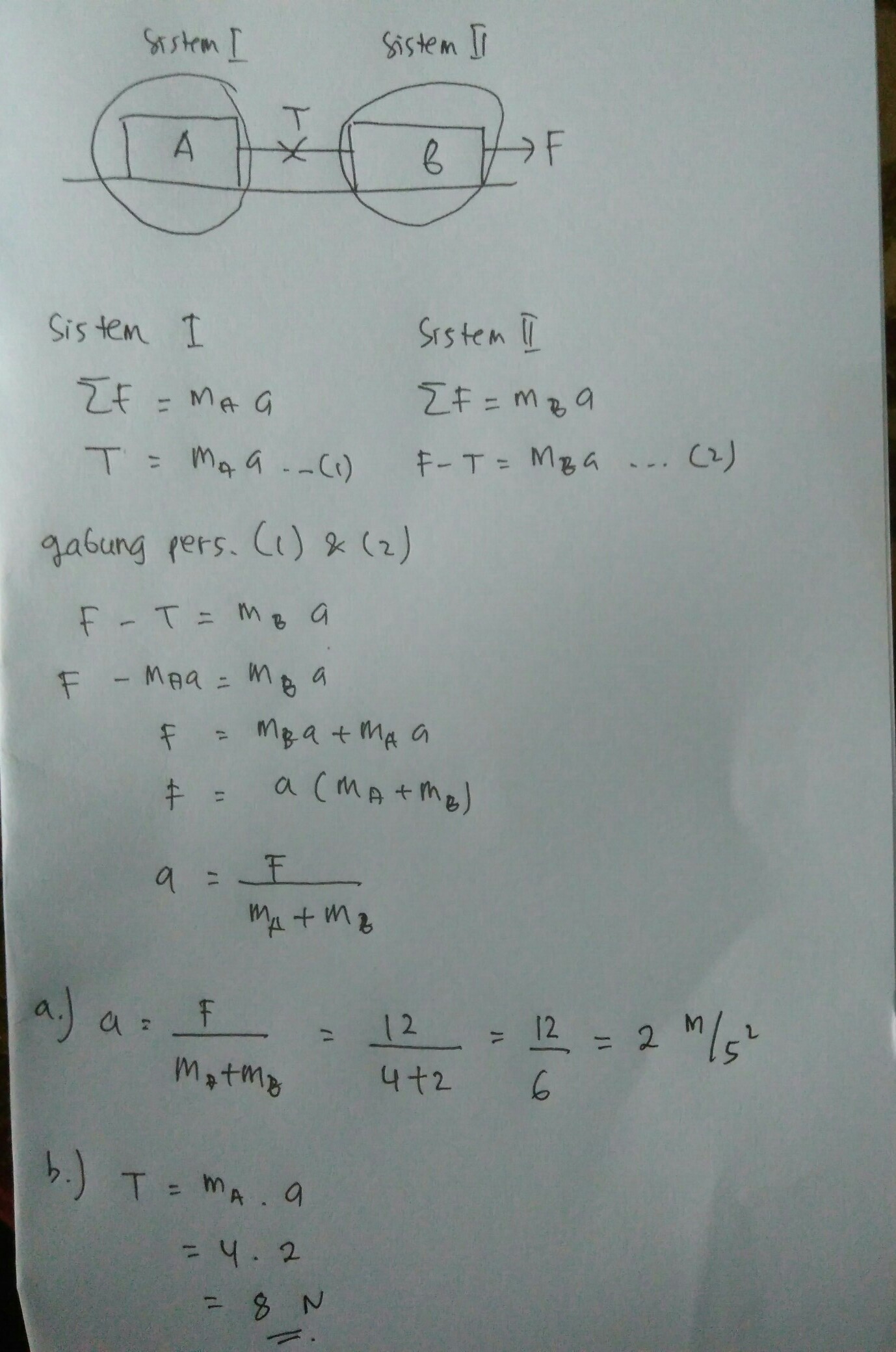 Dua buah balok A dan B yang masing masing massanya 4 kg dan 2 kg