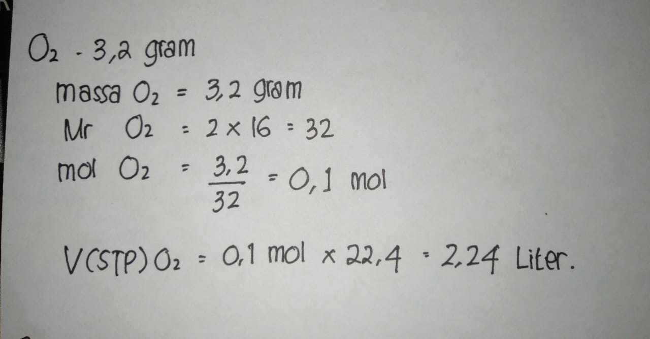 Volume dari 3,2 gram gas o2 yang diukur pada keadaan STP adalah