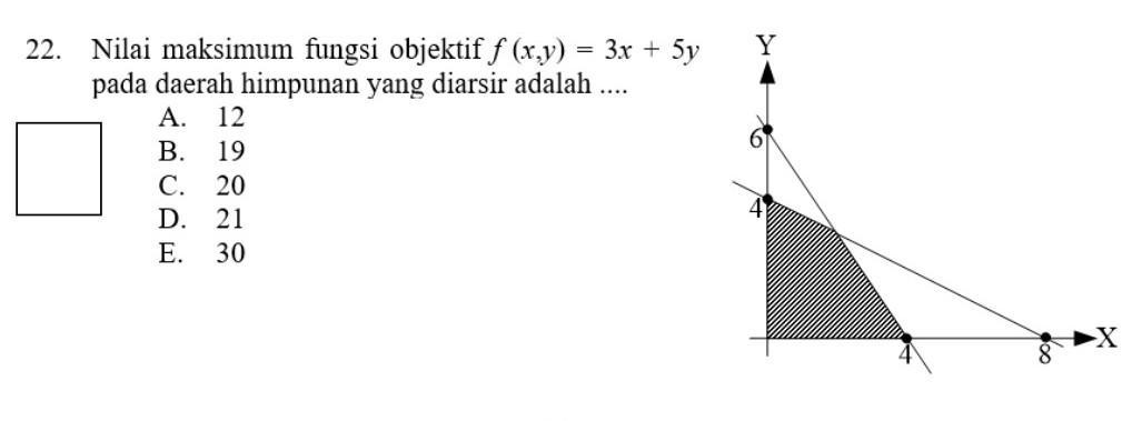 nilai maksimum Fungsi objektif f(x,y) = 3x+5y pada daerah