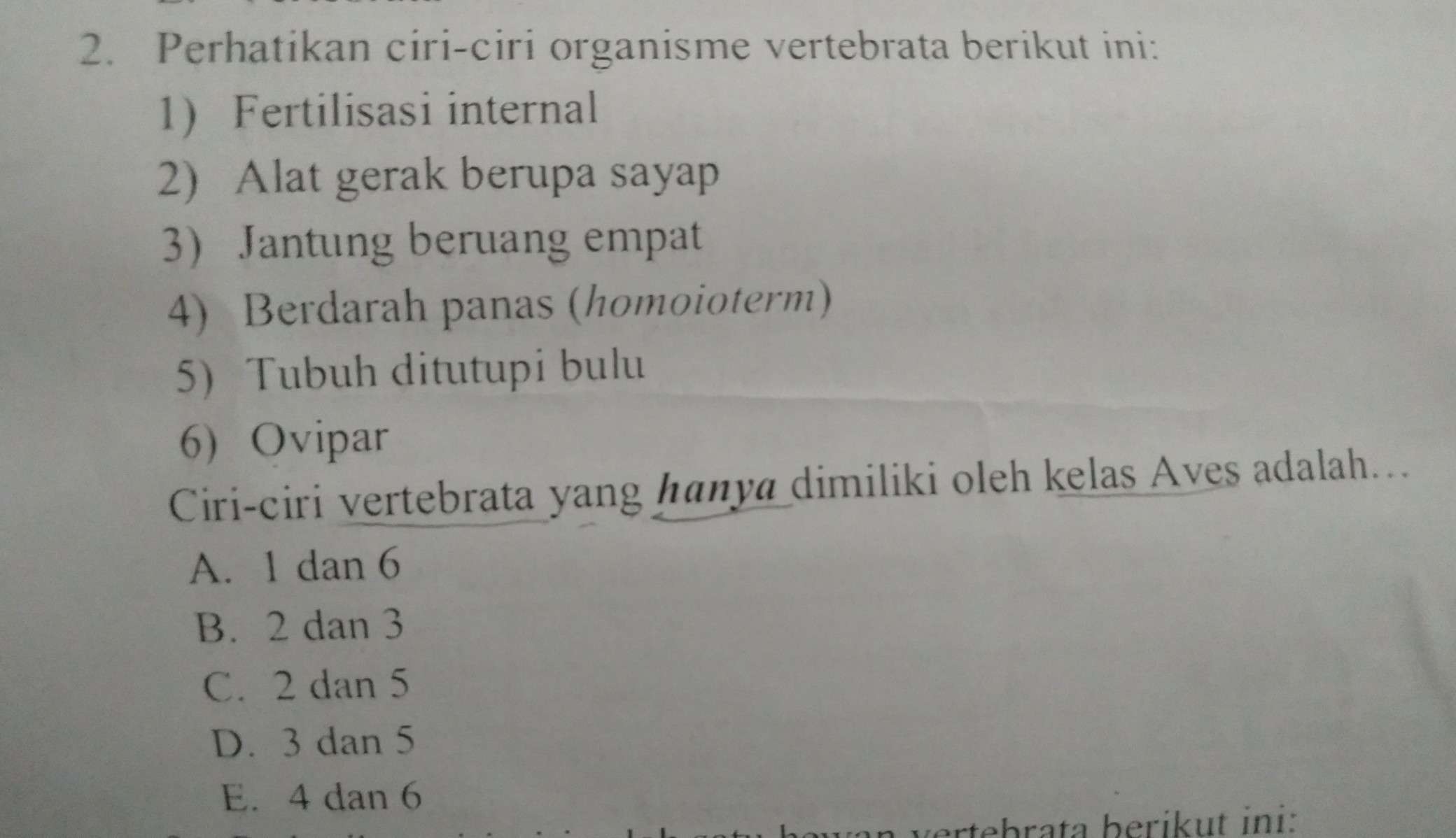 ciri ciri vebrata yang hanya dimiliki oleh kelas aves