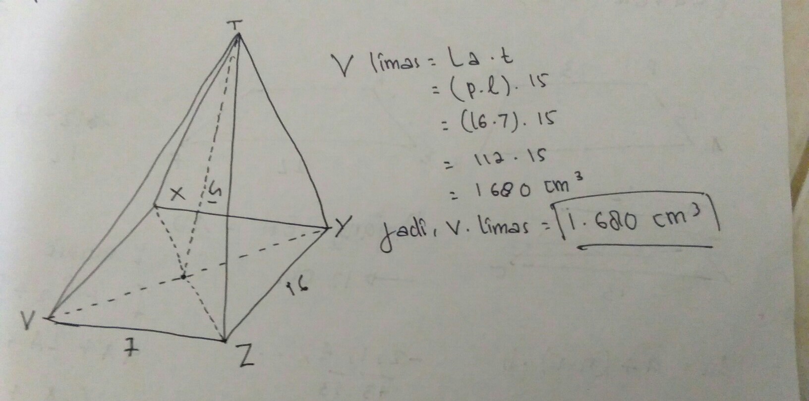 Limas segi empat p=16cm L=7cm t=15cm berapa volume(v) Brainly.co.id