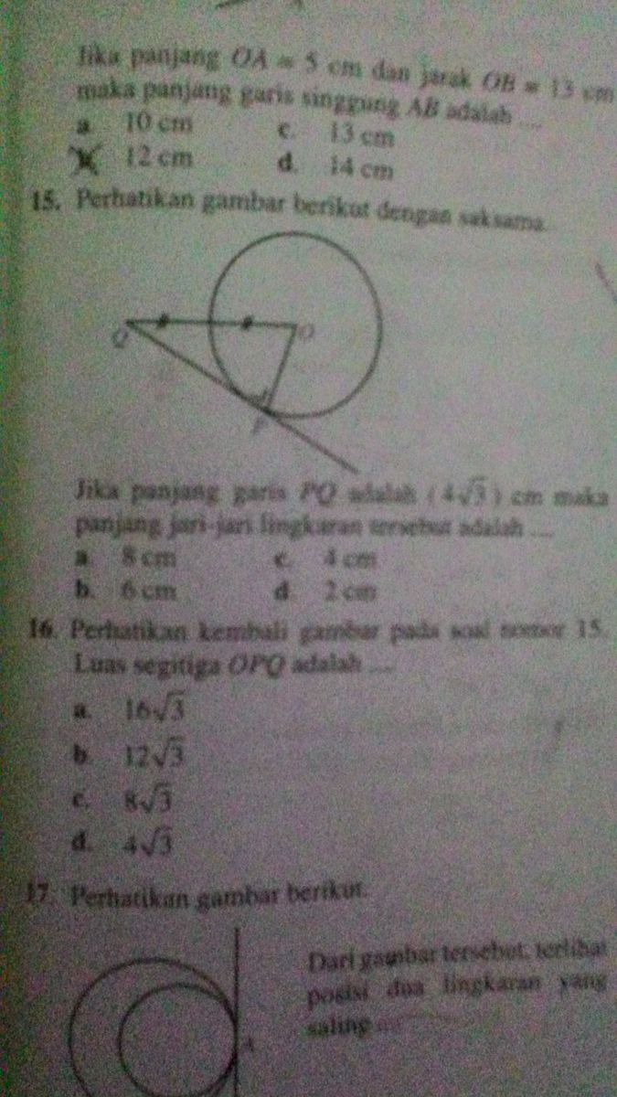 jika panjang garis PQ adalah 4√3 cm maka panjang jarijari lingkaran