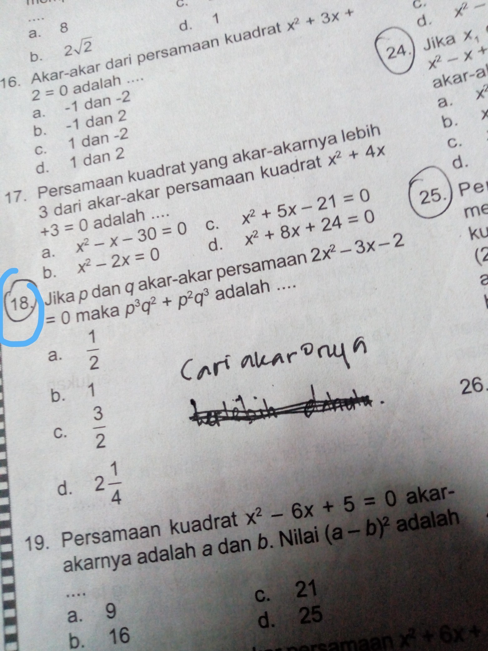 Diketahui P Dan Q Adalah Akar Akar Persamaan Kuadrat X2 5x