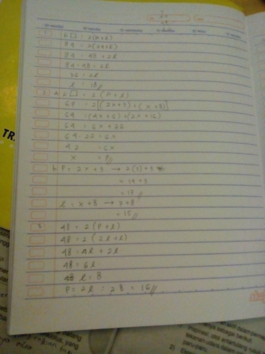 1. diketahui keliling persegi panjang 84 cm dan panjang 24