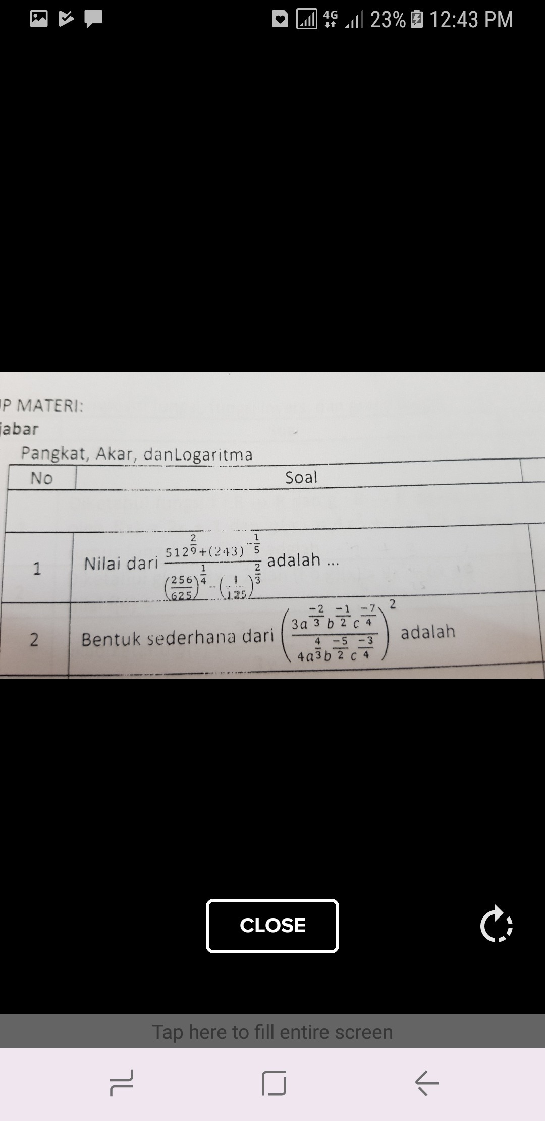 1. nilai dari 512^2 + (243) ^1/5 per (256/625)^1/4 (1/125)^2/3