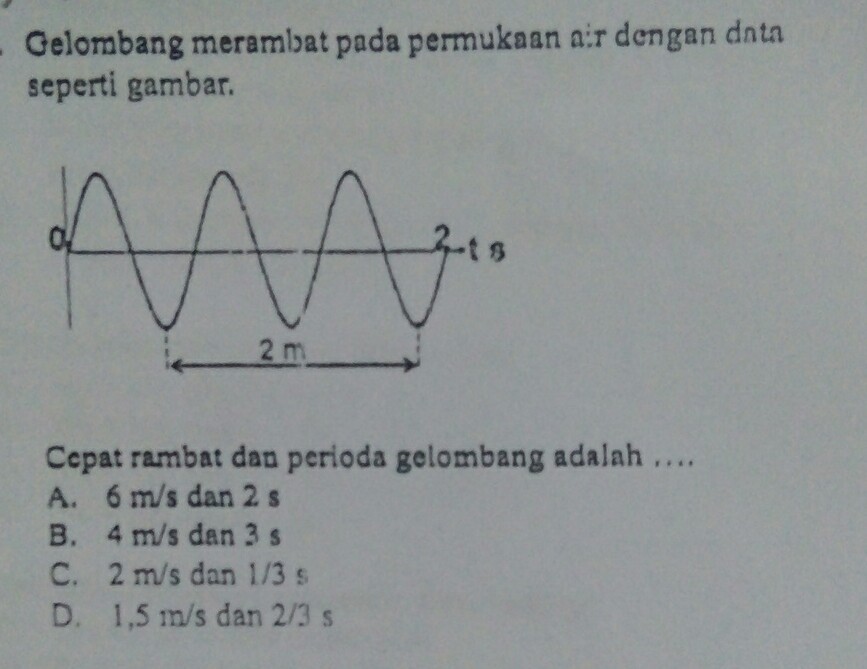 Cepat rambat dan periode gelombang adalah...A. 6m/s dan 2sB. 4m/s dan