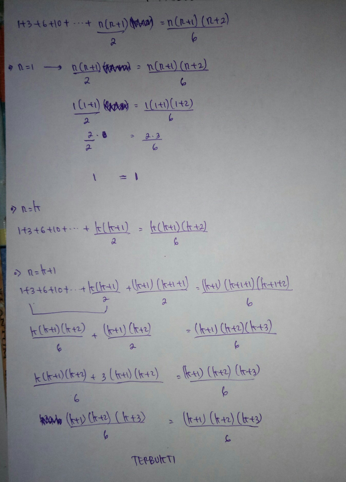 jumlah n bilangan segitiga pertama adalah 1 + 3 + 6 + 10
