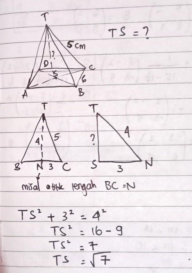 Diketahui limas beraturan T.ABCD dengan panjang BC = 6 cm dan TC = 5 cm