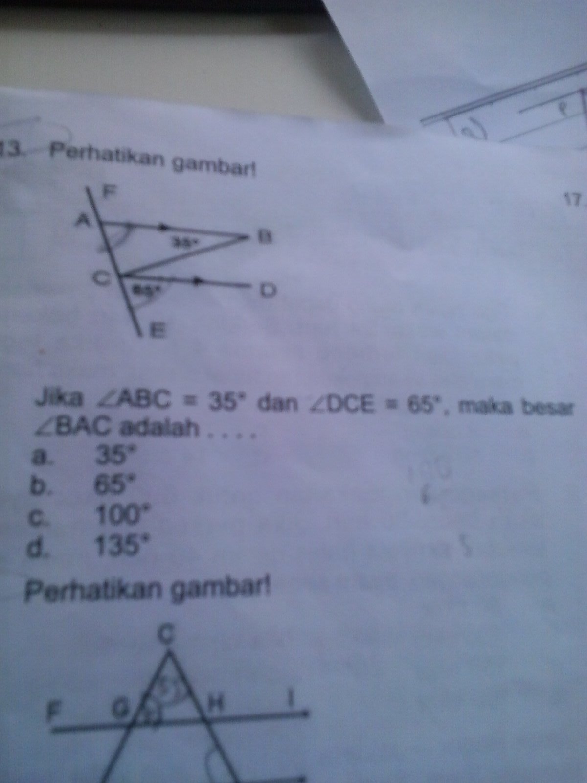 perhatikan gambar! jika sudut ABC=35 dan sudut DCE=65, maka besar sudut