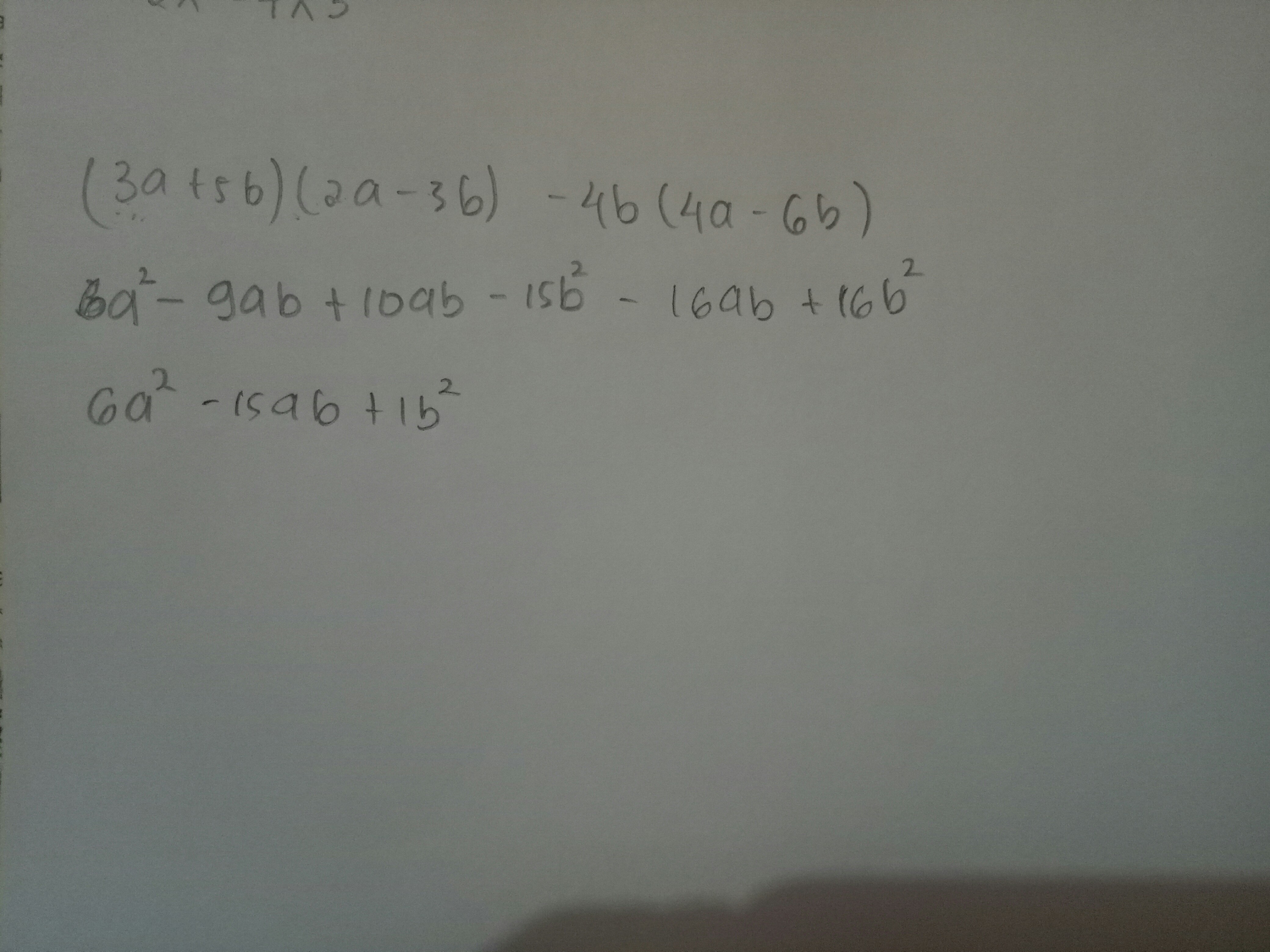 bentuk sederhana dari (3a + 5b)(2a 3b) 4b(4a 6b) adalah