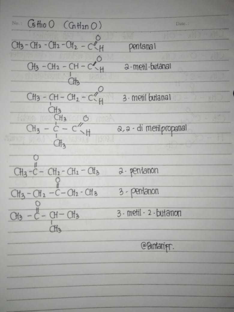 Tuliskan nama senyawa yang merupakan isomer dari pentanal