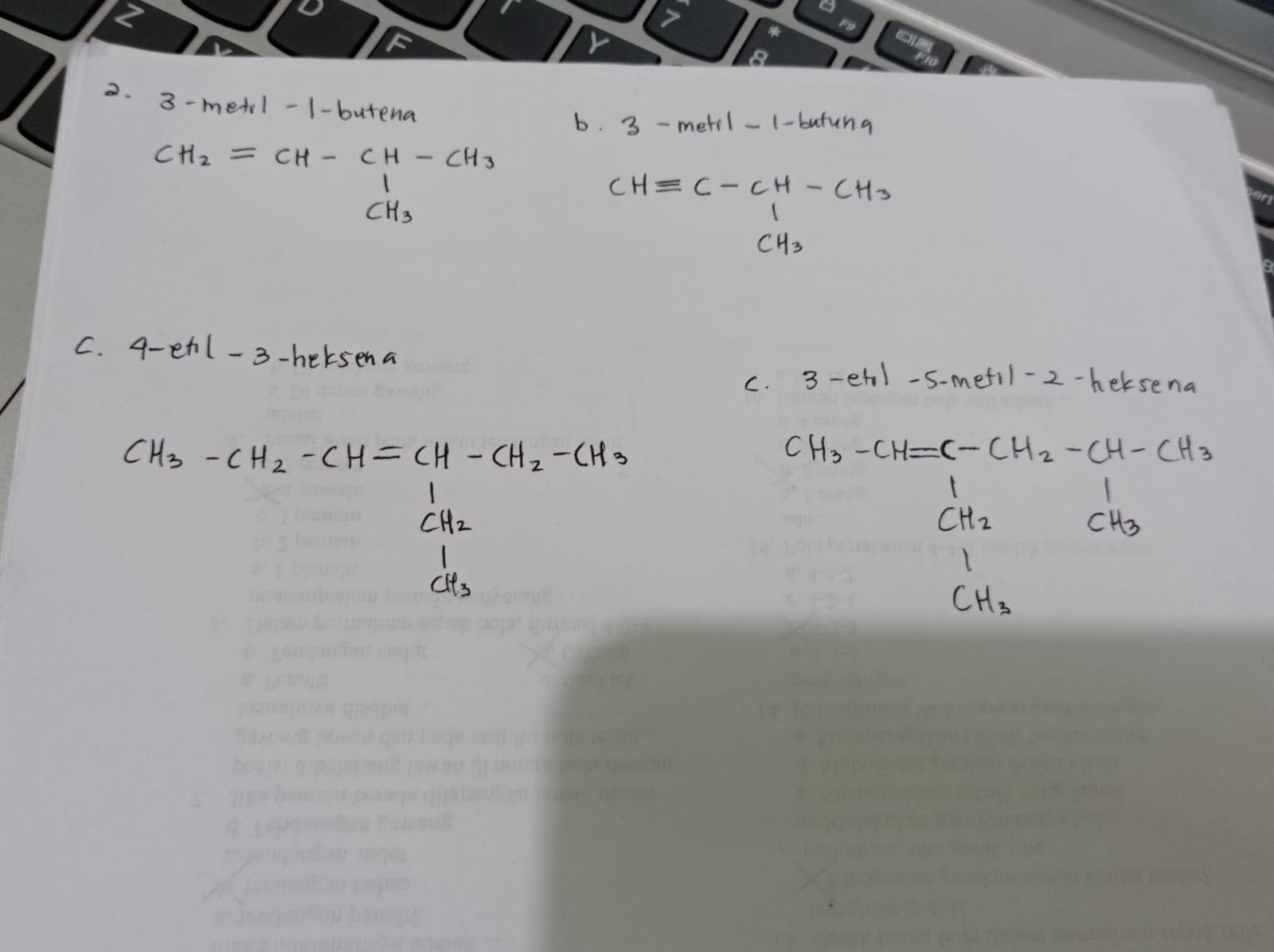 Tuliskan struktur alkena dan alkuna berikut! a. 3metil1butena b. 3