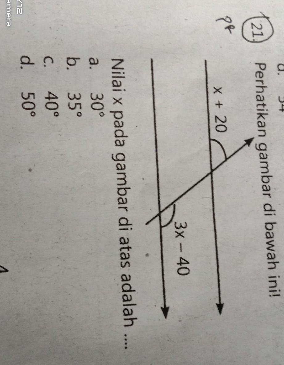 Perhatikan gambar di bawah ini! x + 203x 40Nilai x pada gambar di