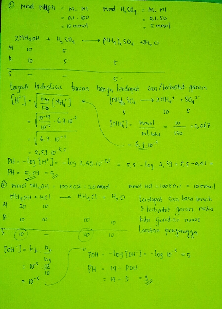 1. Kedalam 100 ml larutan NH4OH 0,1 M (Kb NH4OH = 10^5) dicampurkan