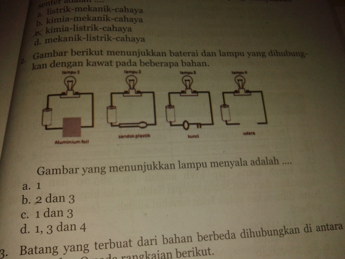 gambar yang menunjukkan lampu menyala adalah a. 1 b. 2,3 c. 1,3 d. 1,3