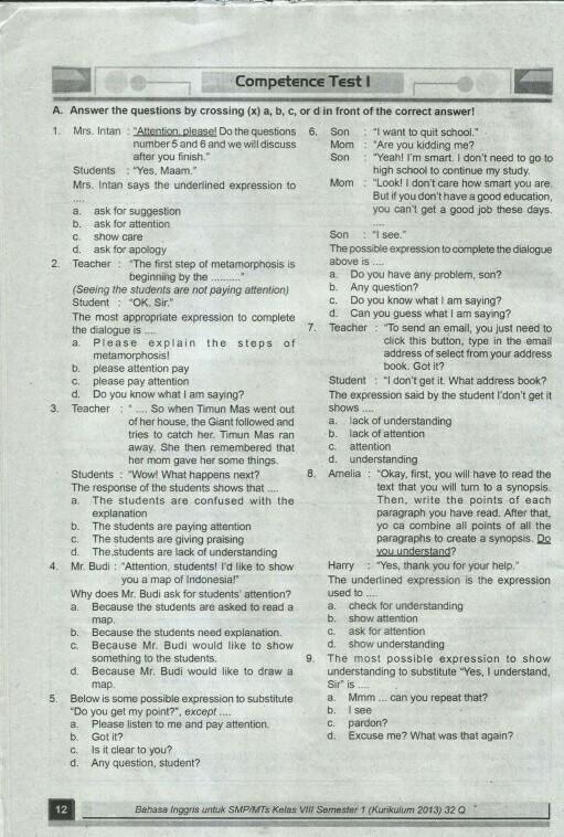 Kunci Jawaban Competency Test 1 Kelas 8 Soal Ilmu