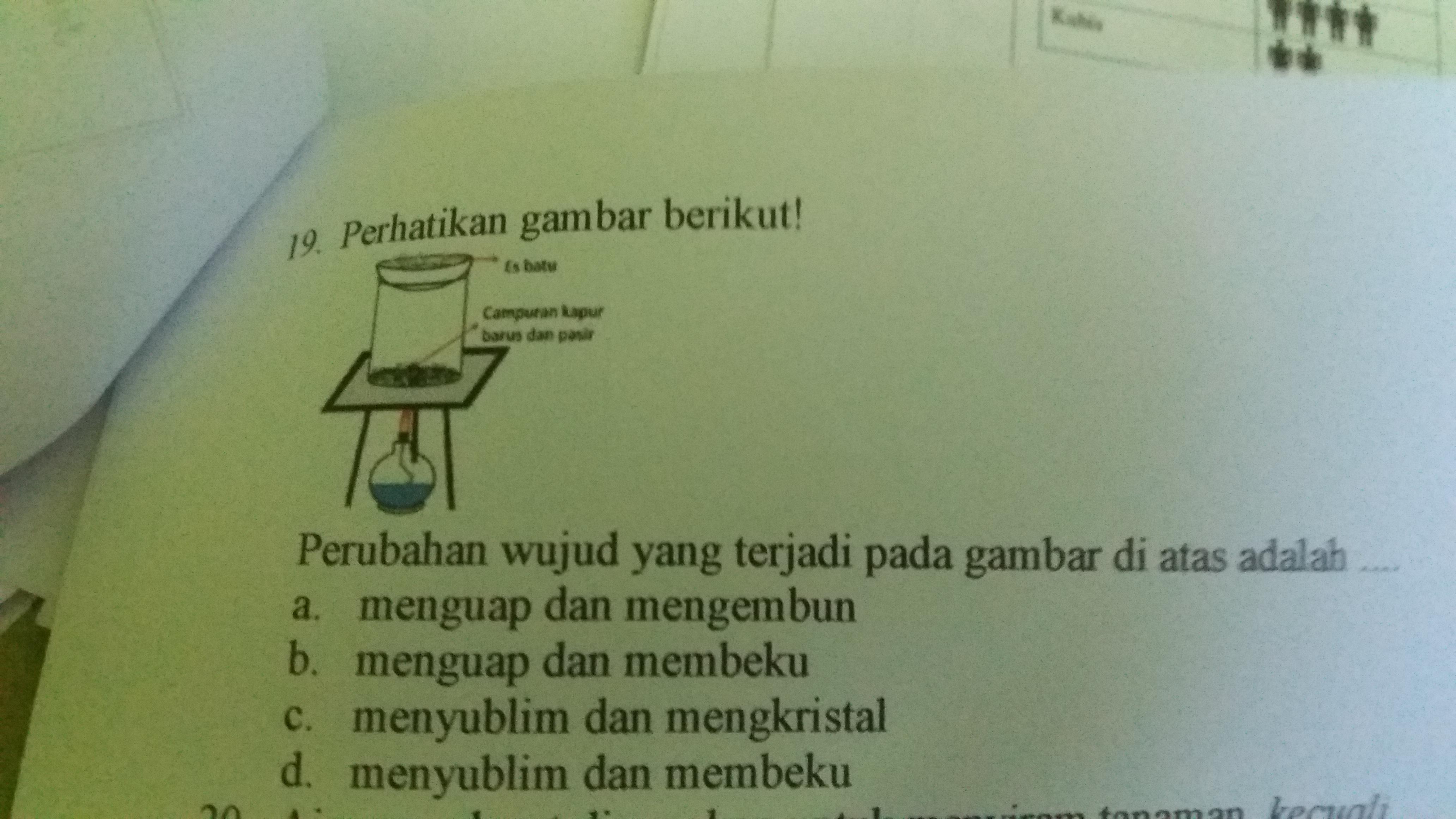 Perubahan wujud yang terjadi pada gambar dibawah adalah A. Menguap dan