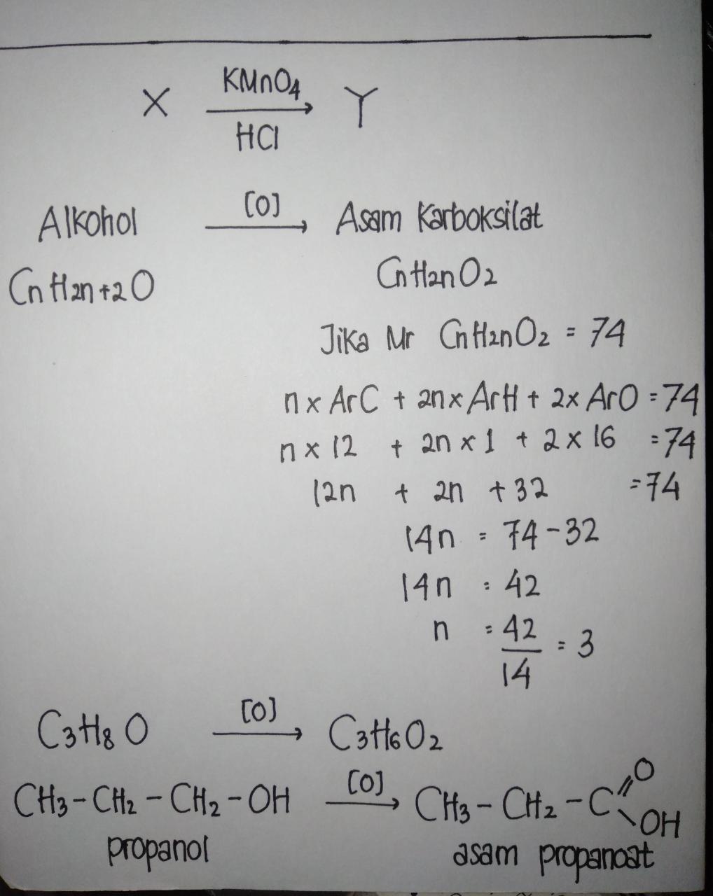 Senyawa organik (X) direaksikan dengan larutan KMnO4 dalam HCL encer