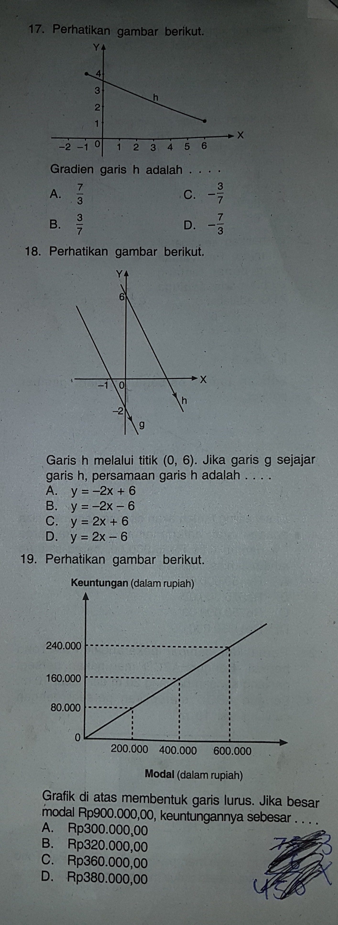 17. Gradien garis H adalah ? (Soal di gambar)18. garis