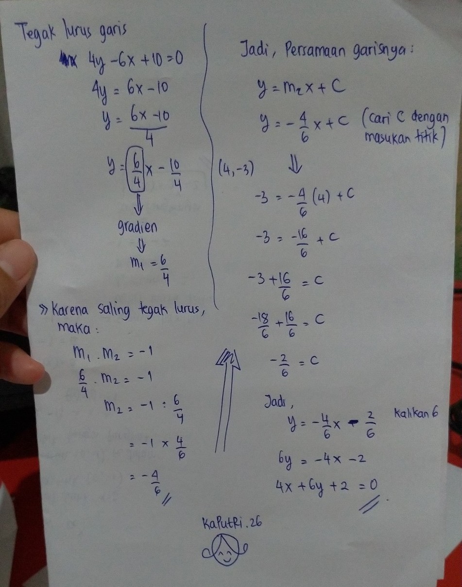 persamaan garis yang melalui titik (4, 3) Dan tegak lurus