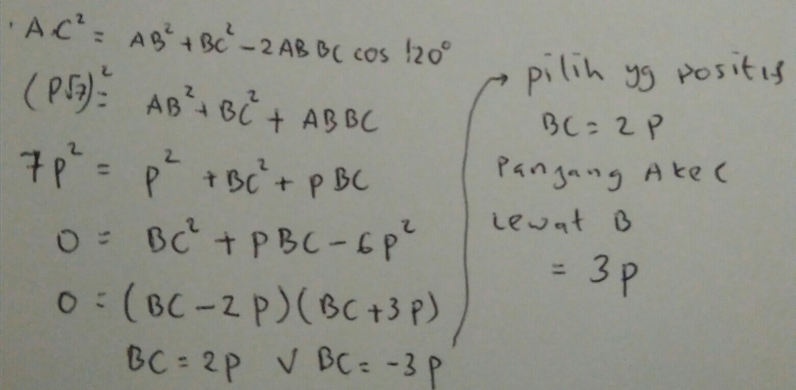 panjang lintasan dari A ke C = [tex]p \sqrt{7} [/tex]dan A ke B