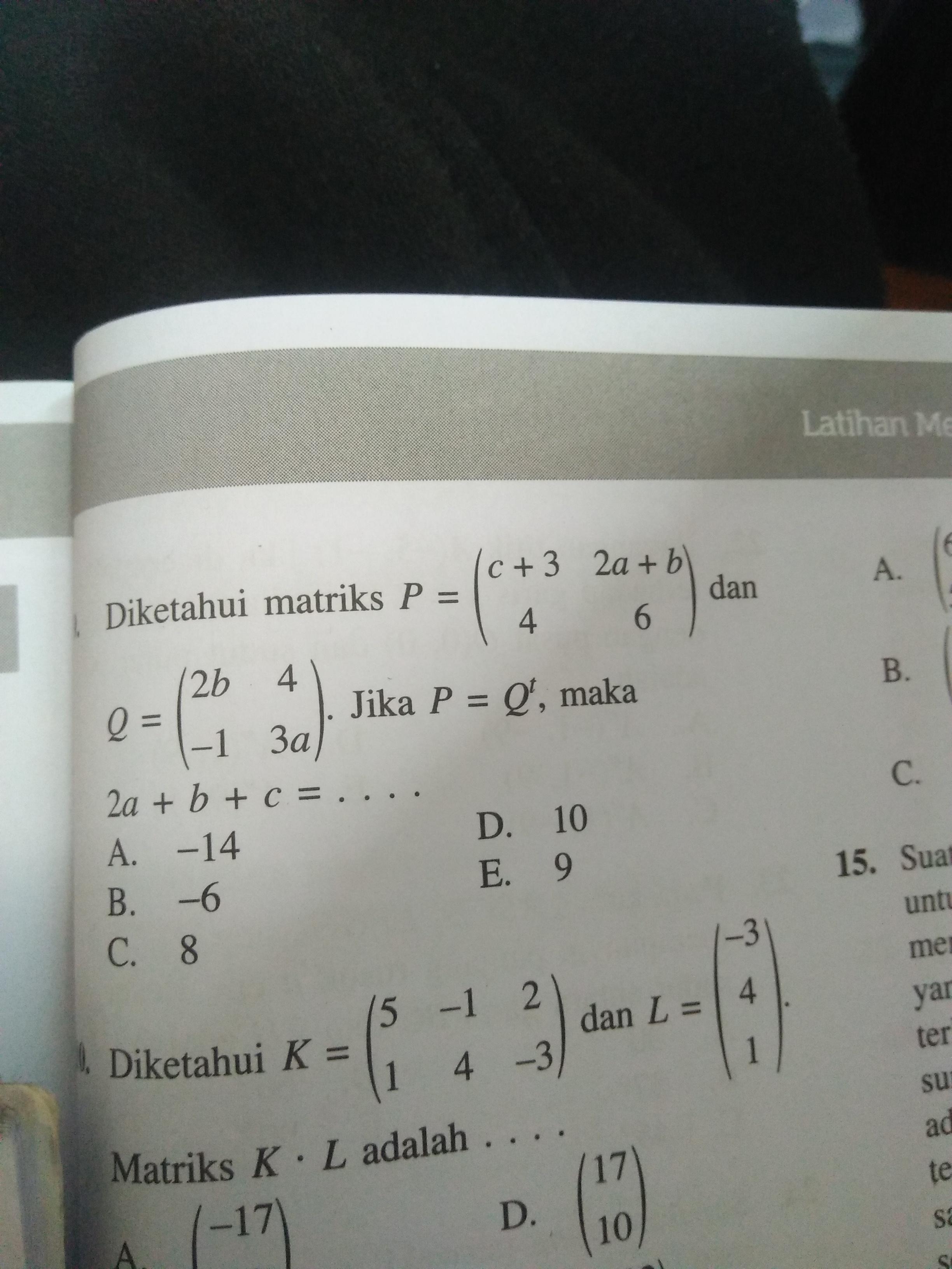 Contoh Soal Matriks 2ab+c