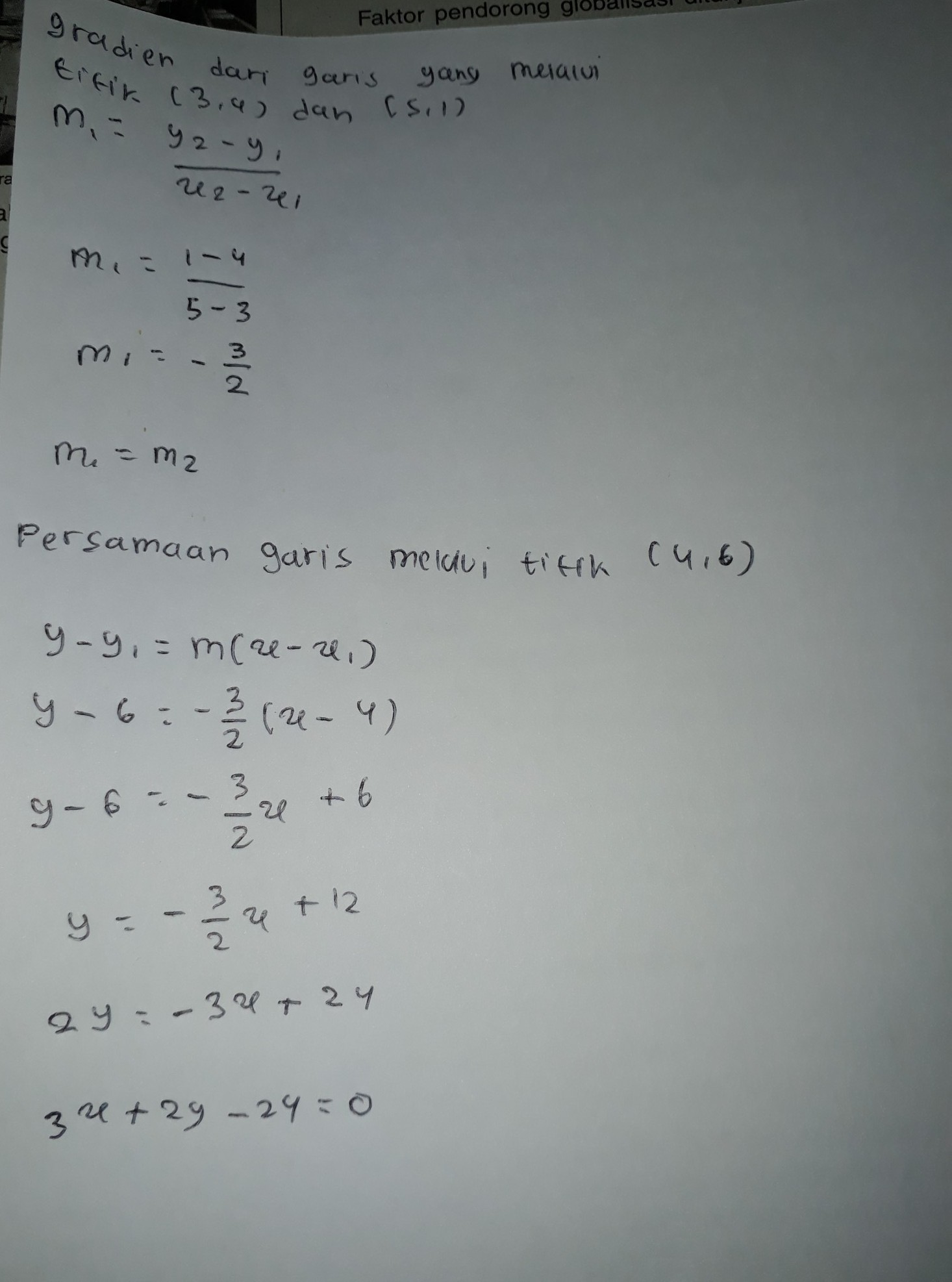 persamaan garis yang melalui titik (4,6) dan sejajar