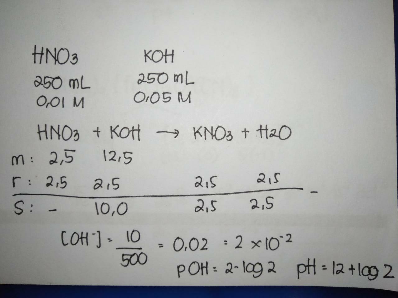 250 ml larutan HNO3 0,01M dicampurkan dengan 250 ml larutan KOH 0,05 M.  Hitunglah ph campuran - Brainly.co.id
