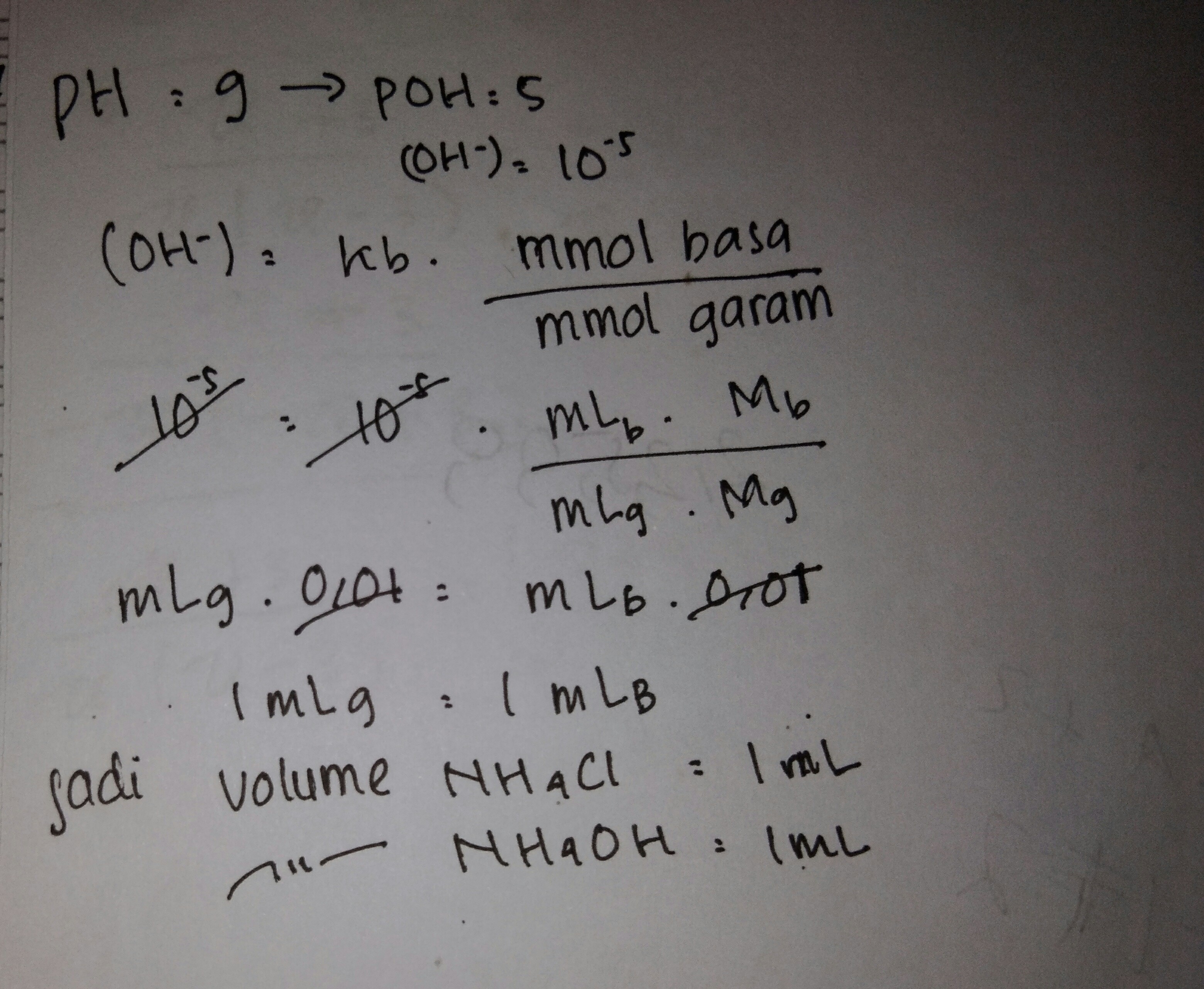 Campuran larutan NH4Cl 0,01 M dan NH4OH 0,01 M (Kb = 1x10 pangkat 5
